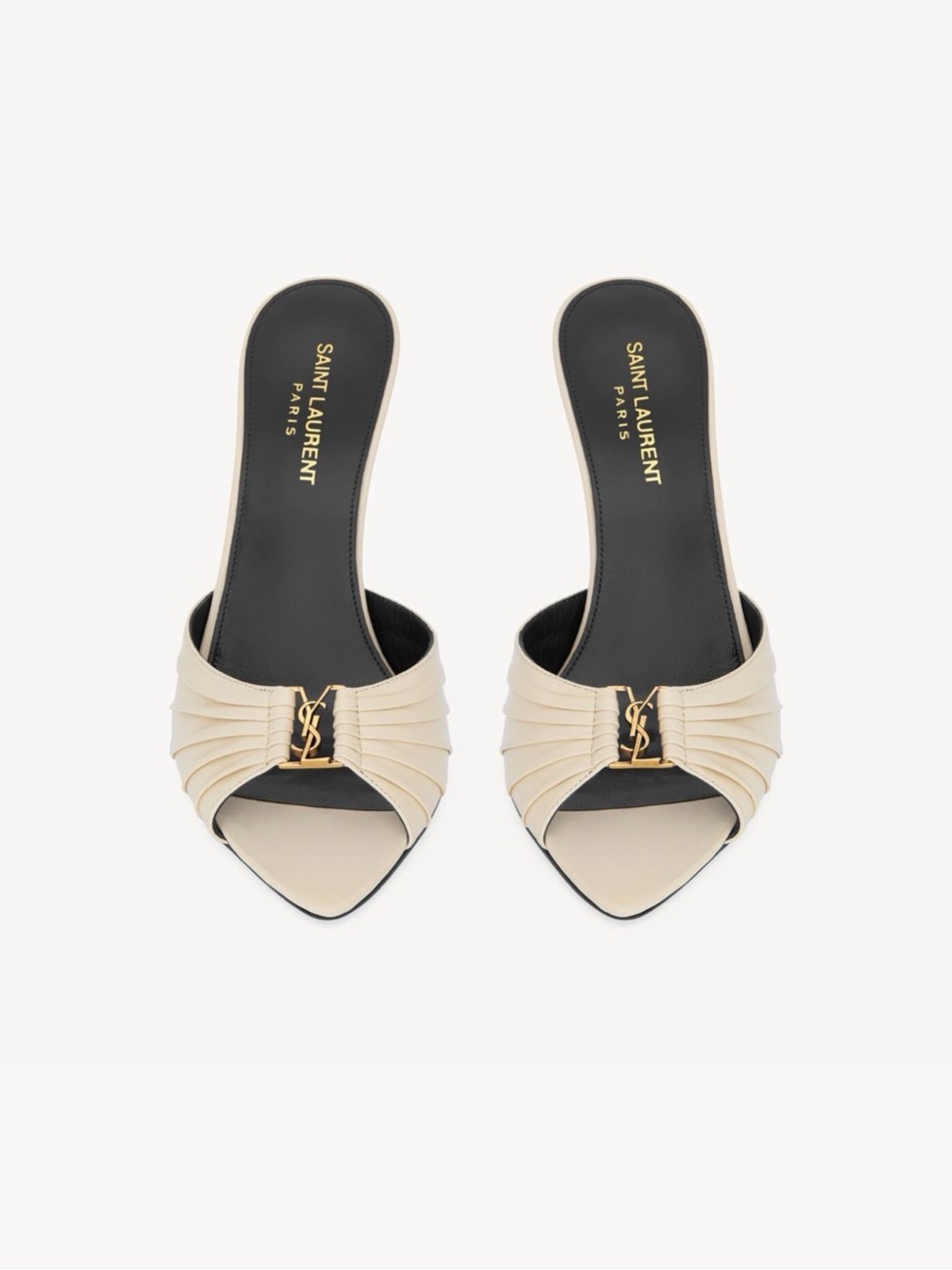 SAINT LAURENT BABYLONE MULES IN SMOOTH LEATHER Cream Leather Mules with Gold YSL